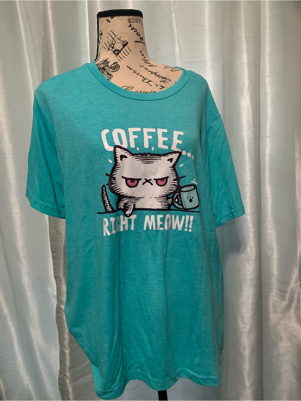 Coffee Right Meow!! Cat Graphic T-Shirt - Teal
